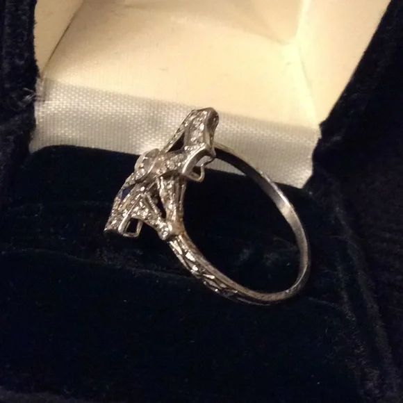 Vintage Art Deco Euro Diamond & Sapphire Ring sz 8 - Picture 7 of 10